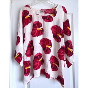 Makai Beach Hawaii Womens Large Red Anthurium Floral Rayon Kimono Sleeve Blouse
